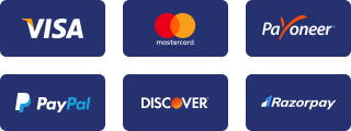 We accept Visa, Mastercard, Payoneer, PayPal, Discover, Razorpay